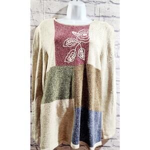 Allison Daley Beige Green Color Block Embroidered Sweater Top PM Long Sleeves